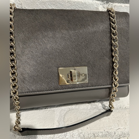 Kate Spade Calf Hair Leather Gray Shoulder Gold Chain Bag - Picture 3 of 8